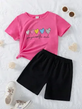 2pcs Girls' Casual Heart Shaped Beyie Print Round Neck Shirt And Cool English Printed Shorts Set, Summer