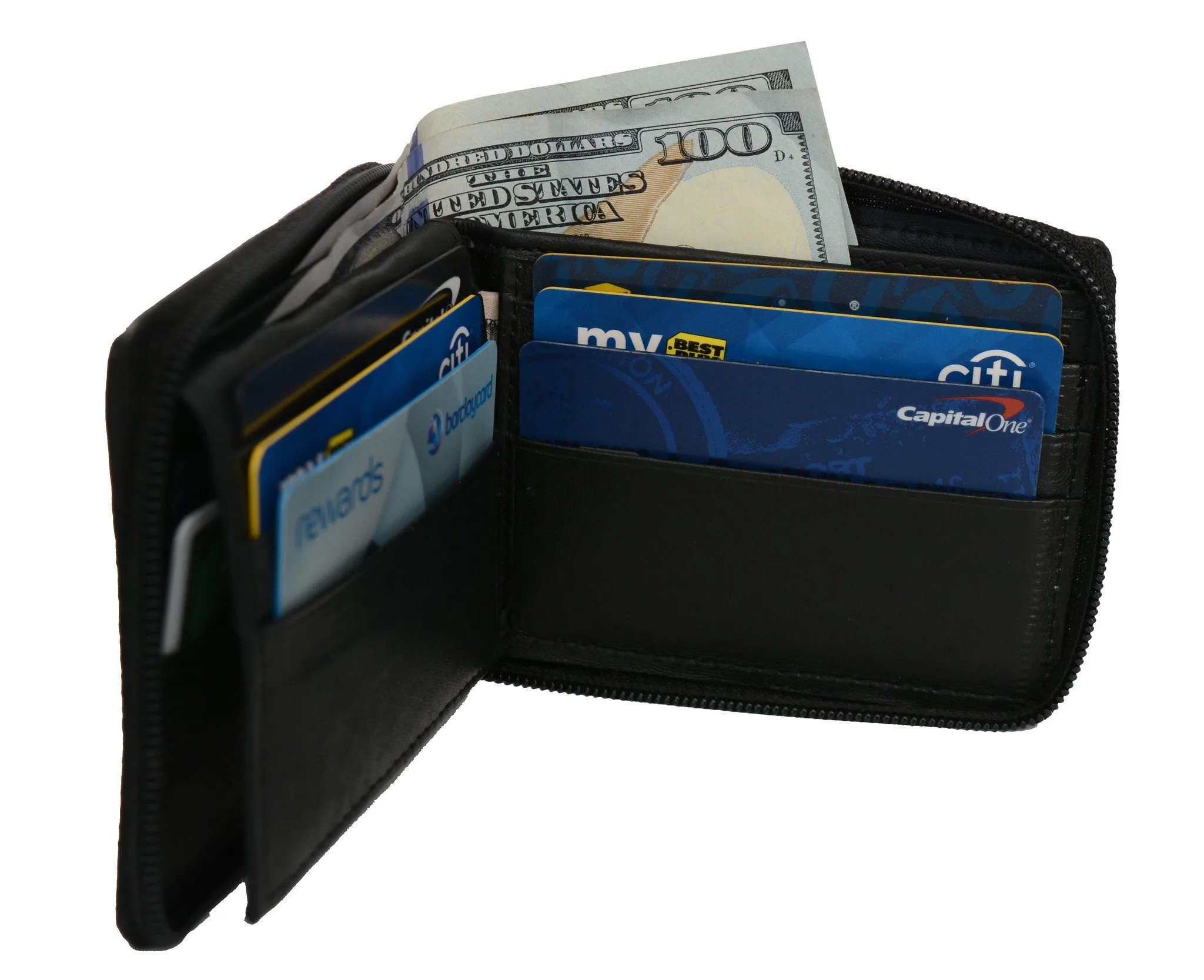 Adorable Deluxe RFID-Blocking Flip ID Zipped Soft Leather Bifold Wallet - Black