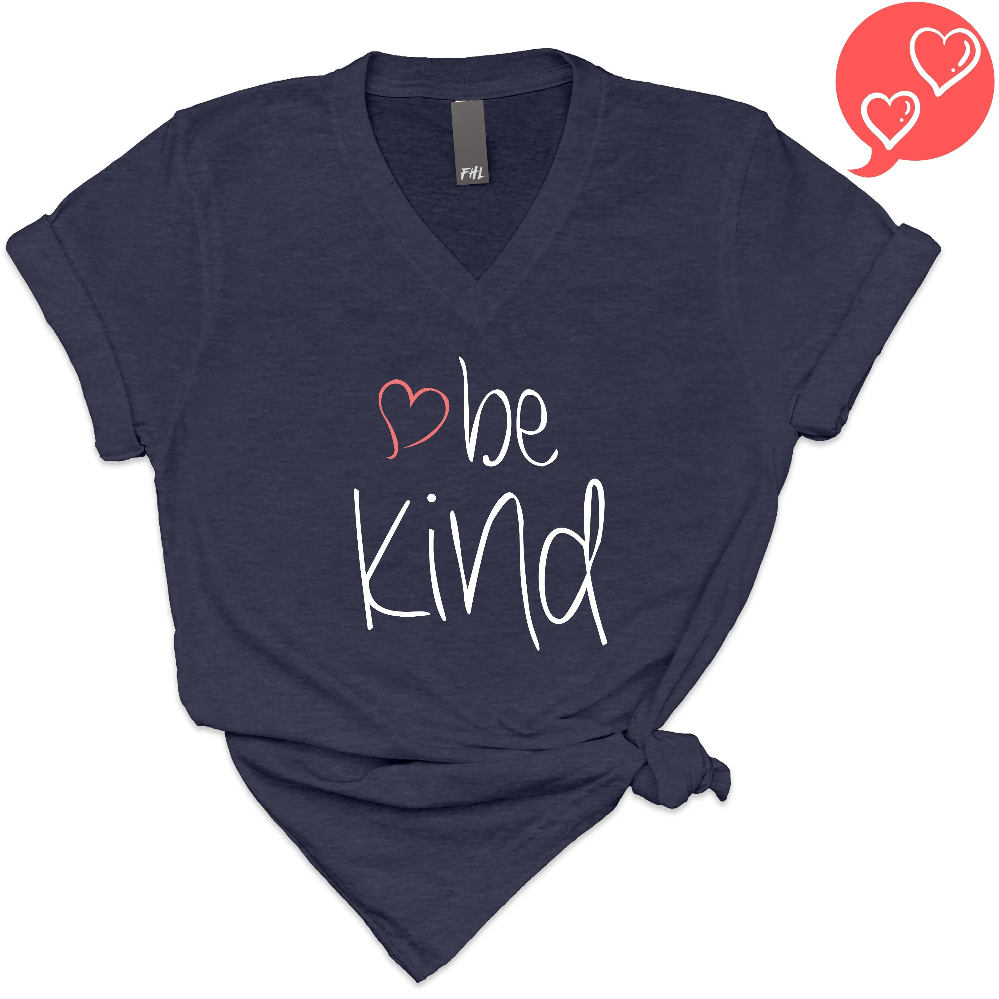 be kind Heart Heather Navy V-Neck T-Shirt (Size Small)(SALE! Collection)