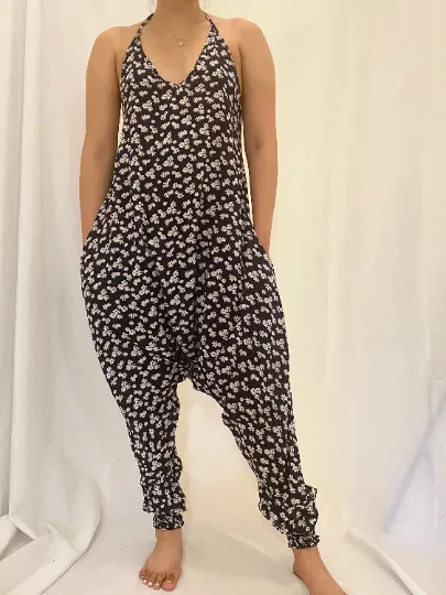 Black Backless Jumpsuit with Flower Print,Harem Jumpsuit, Yoga Romper, Aladdin Jumpsuit,Baggy Jumpsuit,Yoga Wear,Fashionable Jumpsuit,