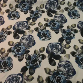 Blue Floral  with an Ivory Background Background Printed Silk Charmeuse Fabric