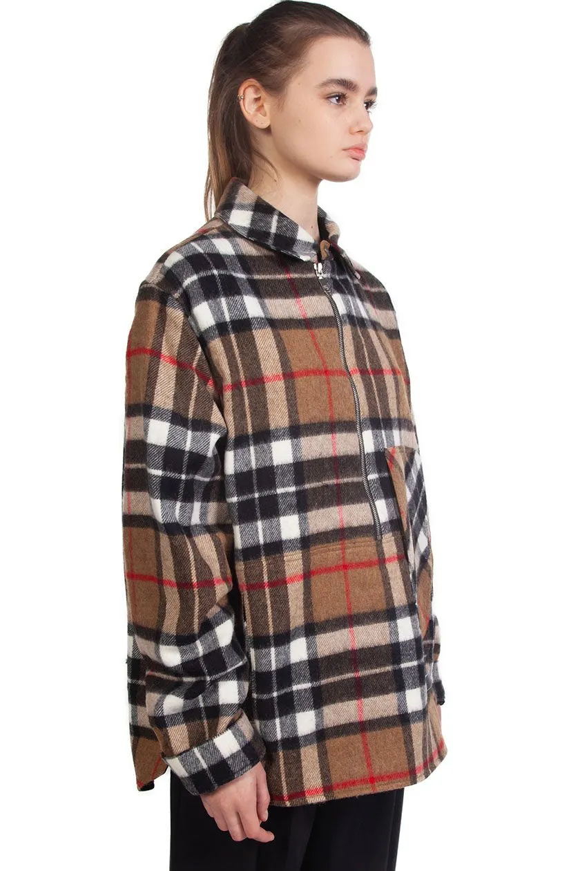 Brown Wool Check Half-Zip Shirt