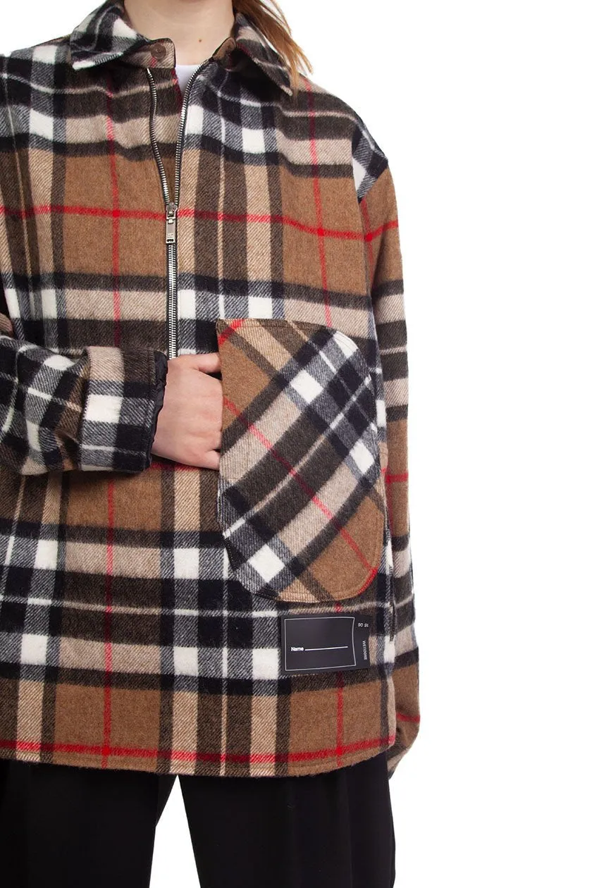 Brown Wool Check Half-Zip Shirt