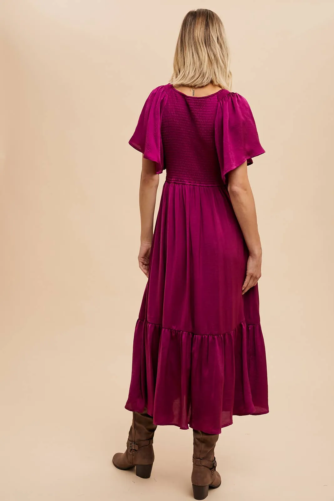 Cherry Merlot Smocked Washed Satin Midi Dress