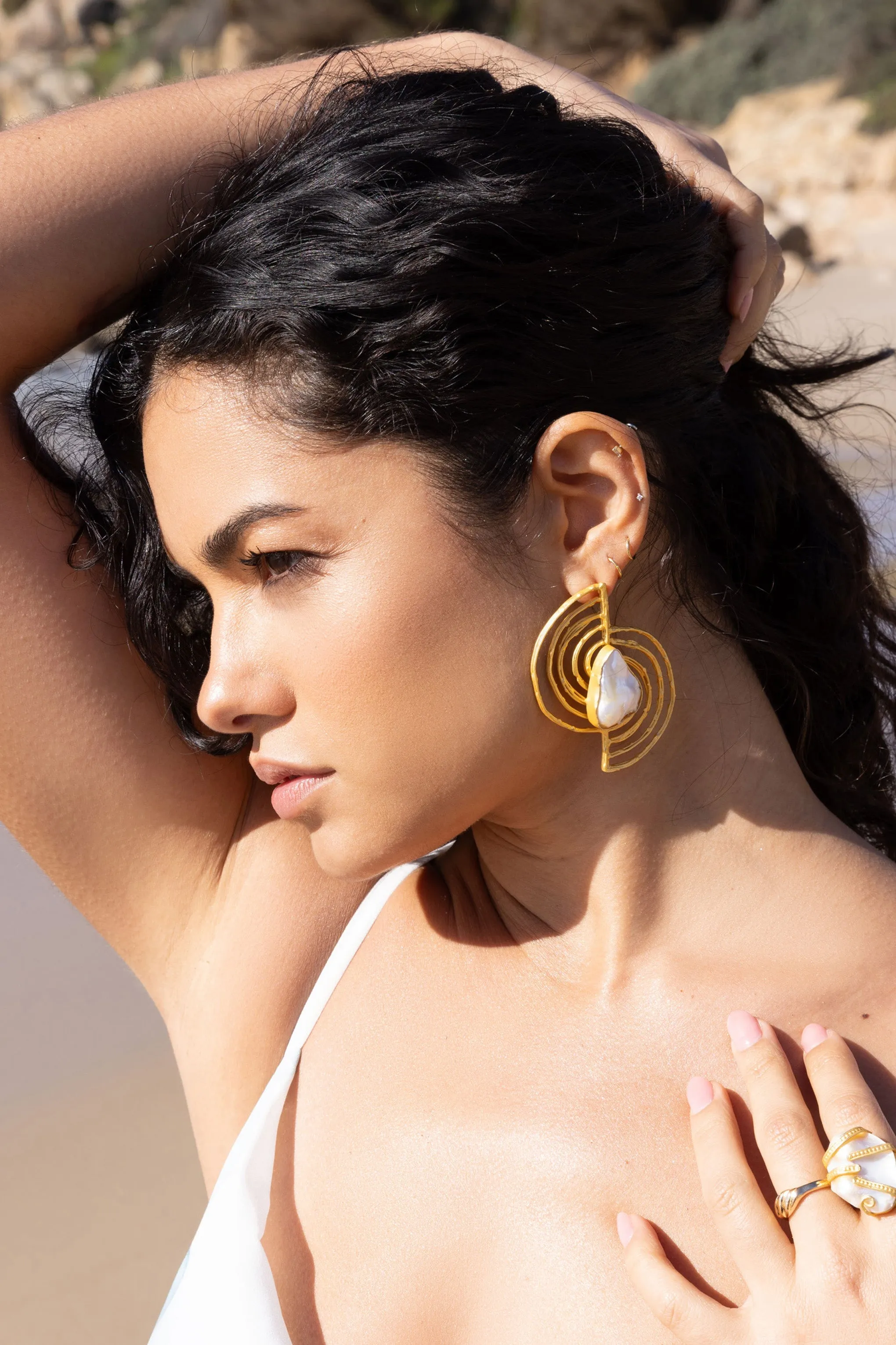 Coastline | Gold Abstract Earrings With Iridescent Shell