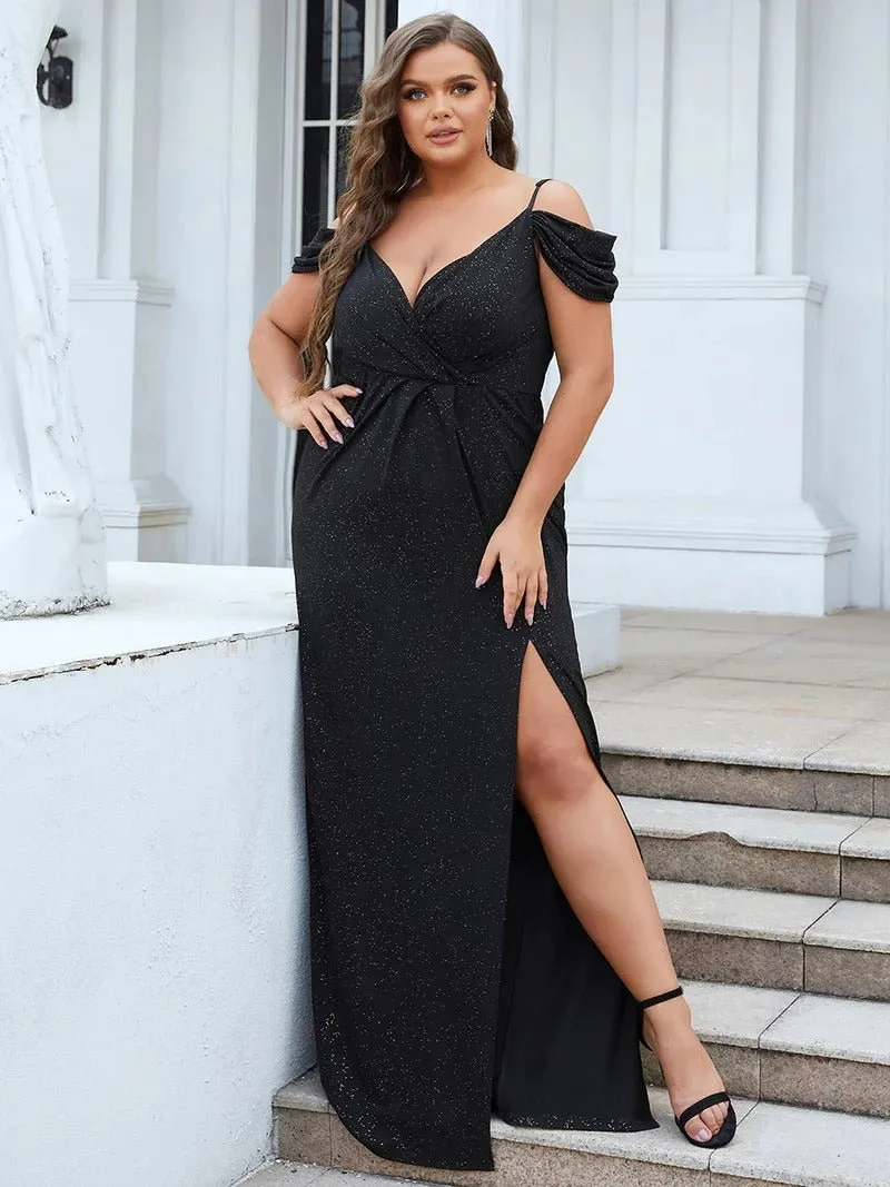 Deep V Neck Plus Size Long Evening Dresses with Split