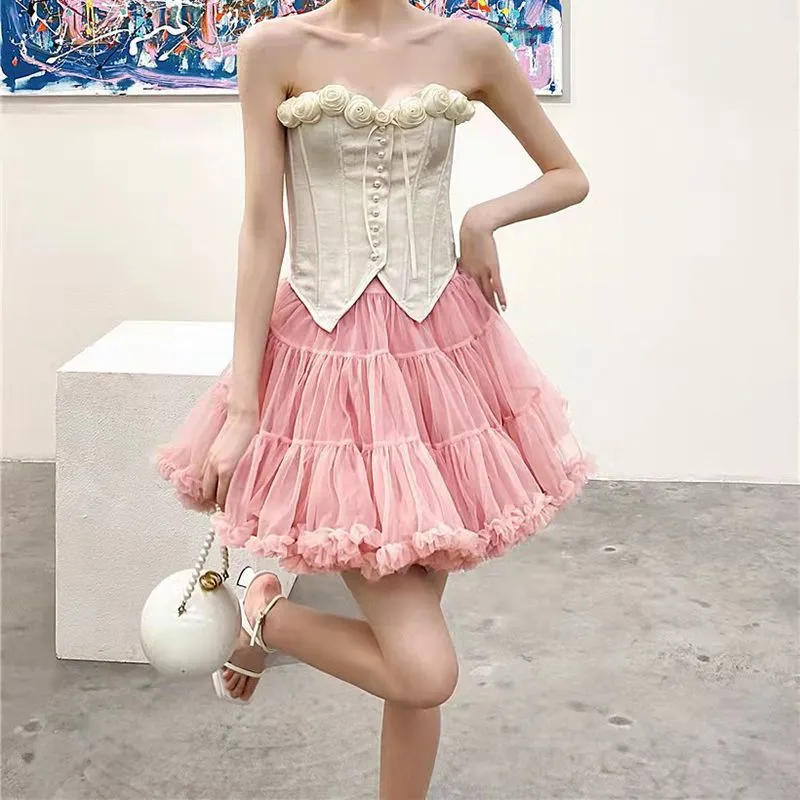 Pastel Pink Ballerina Tulle Tutu Skirt Puffy Ruffle Layered Lolita Petticoat Underskirt