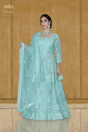 Sea Green Diamante Mehendi Party Lehenga with Long Peplum Top