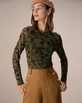 The Army Green Mesh Floral Blouse & Cami Top