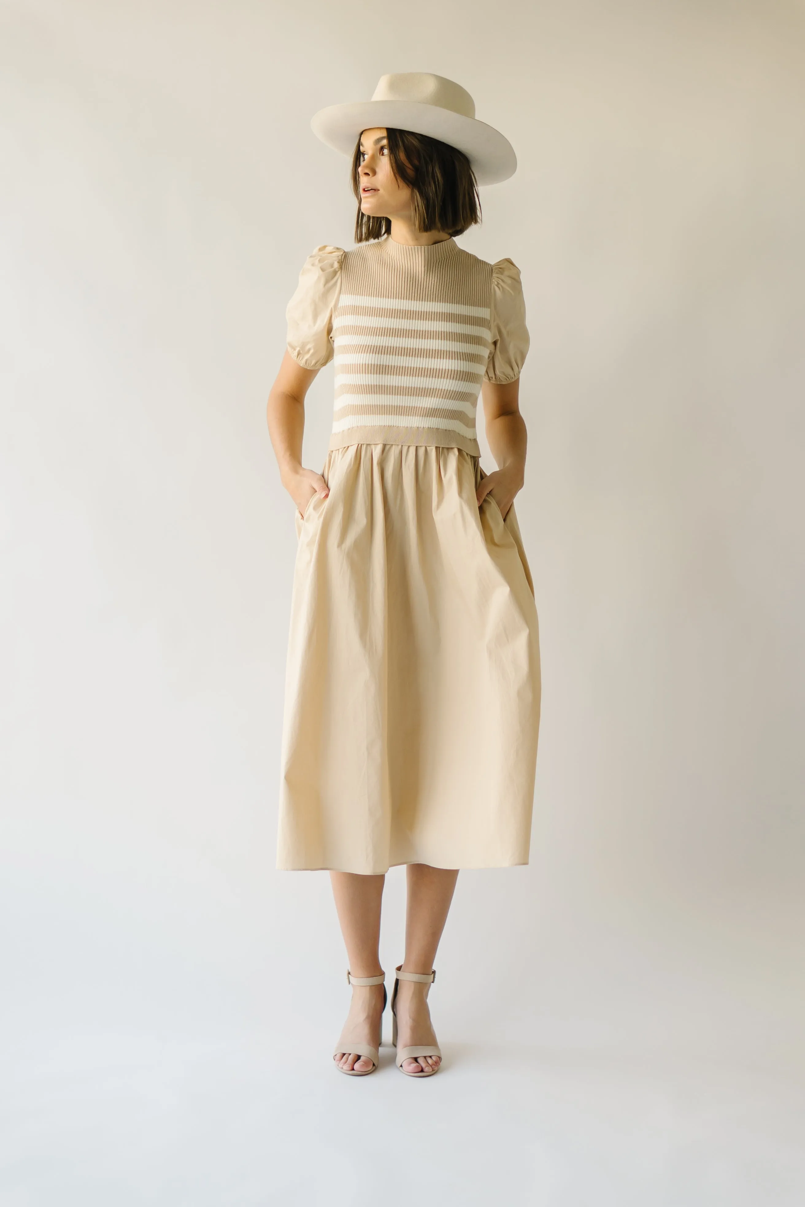 The Roxie Knit Bodice Detail Midi Dress in Sand