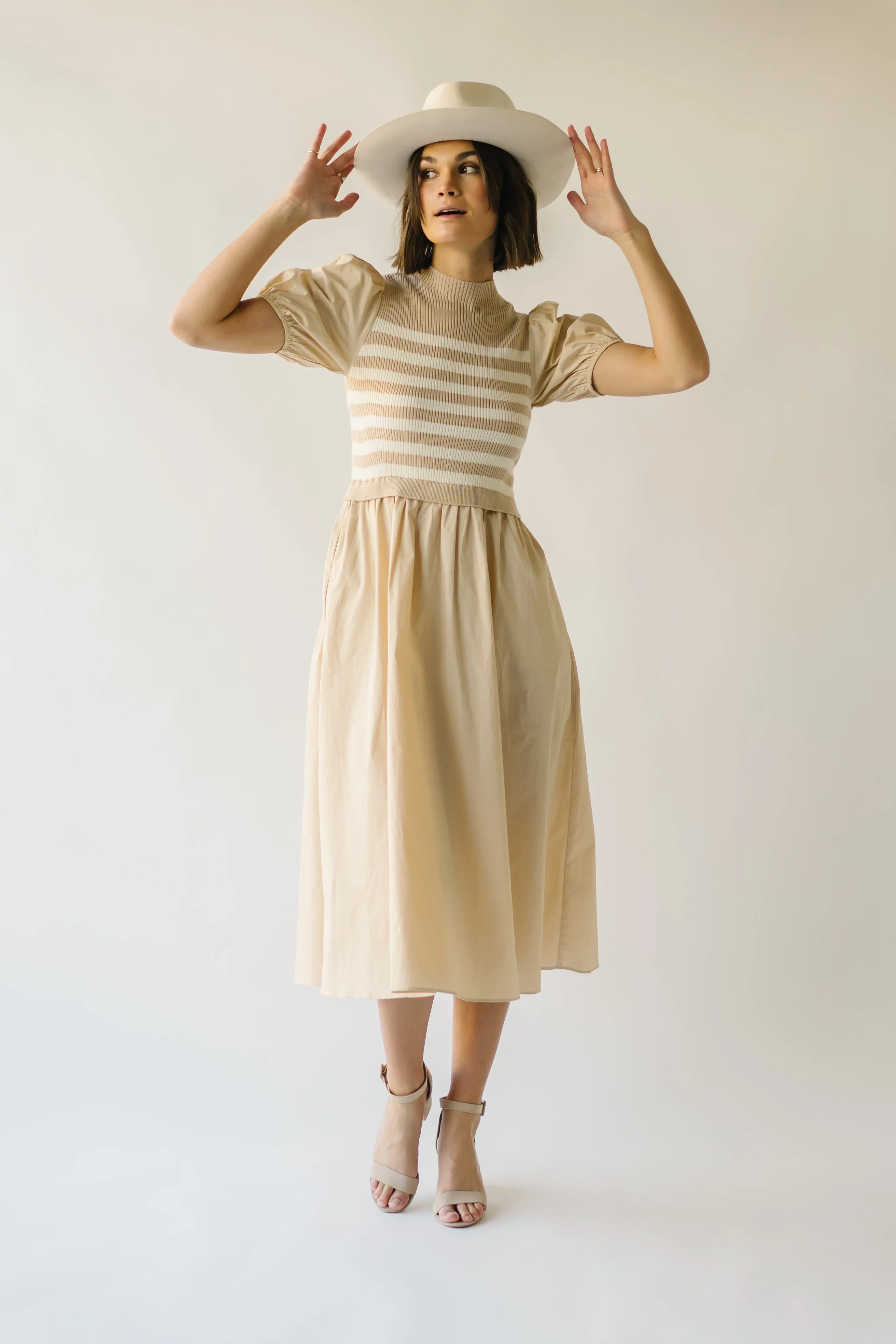 The Roxie Knit Bodice Detail Midi Dress in Sand